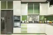 Open Modular Kitchen With Green White Cabinets
