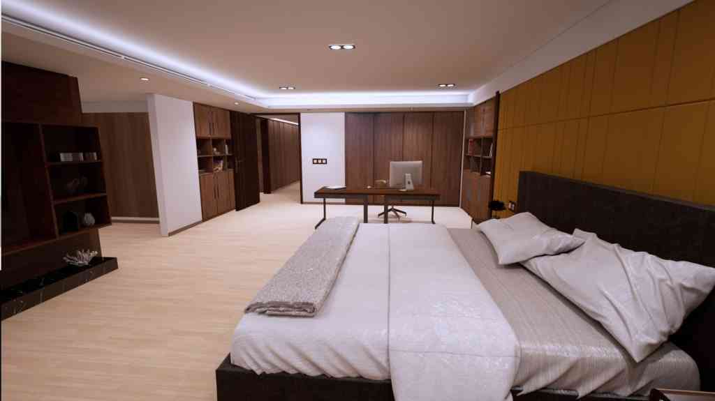 Compact Master Bedroom Design With Central Drop False Ceiling