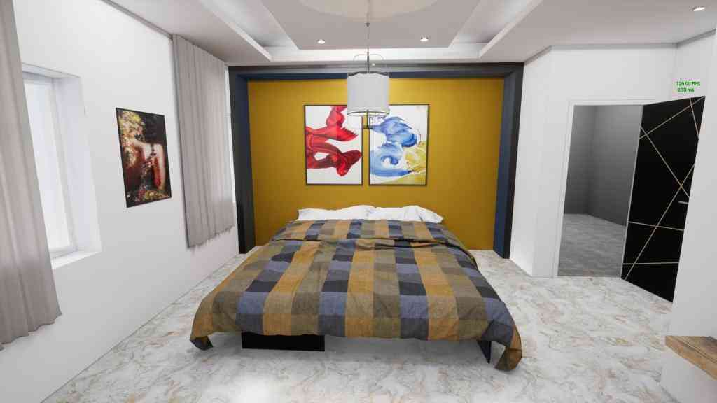 Modern Bedroom Design With Pendant Lights And Yellow Shade Wall