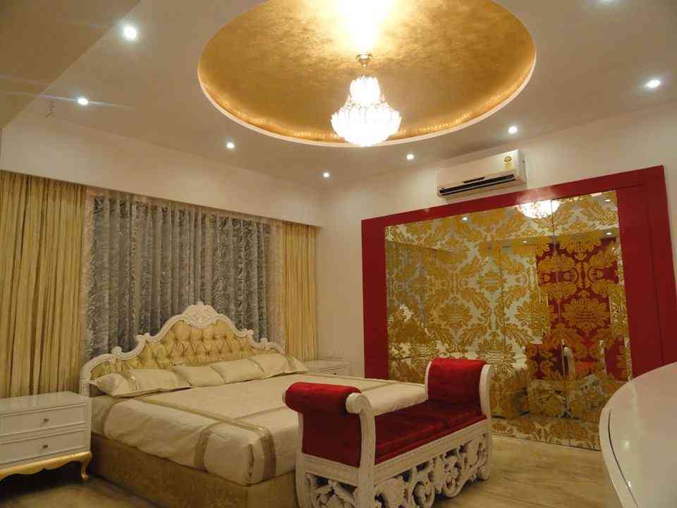 Modern Bedroom Design With Red And Gold Leafing Texture Wall