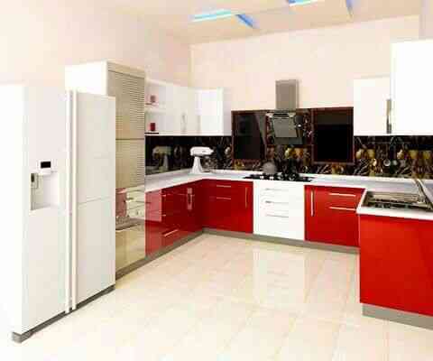 Open Space Small Kitchen With Red And White Cabinets
