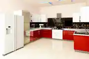 Open Space Small Kitchen With Red And White Cabinets