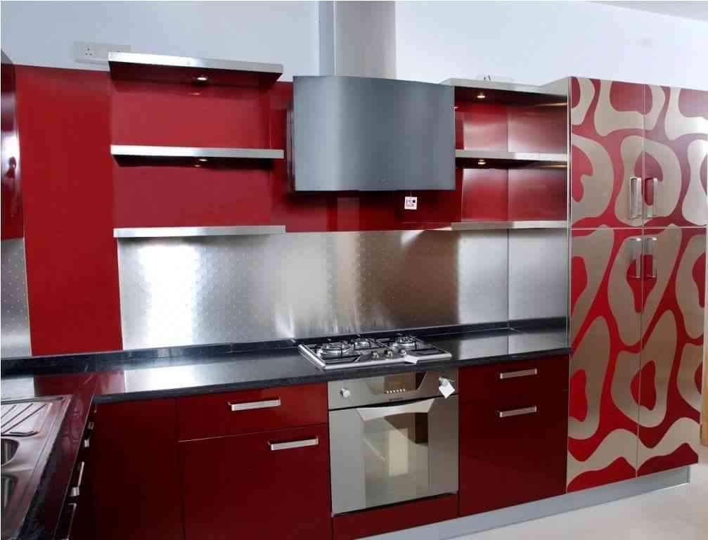 Modular Kitchen Design With Red Wardrobe