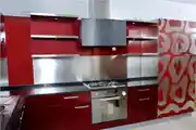 Modular Kitchen Design With Red Wardrobe