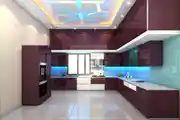 Modern Kitchen False Ceiling Design With Purple Cabinet