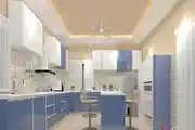 Modern L-Shaped Kitchen Design With Blue And White Storage Units