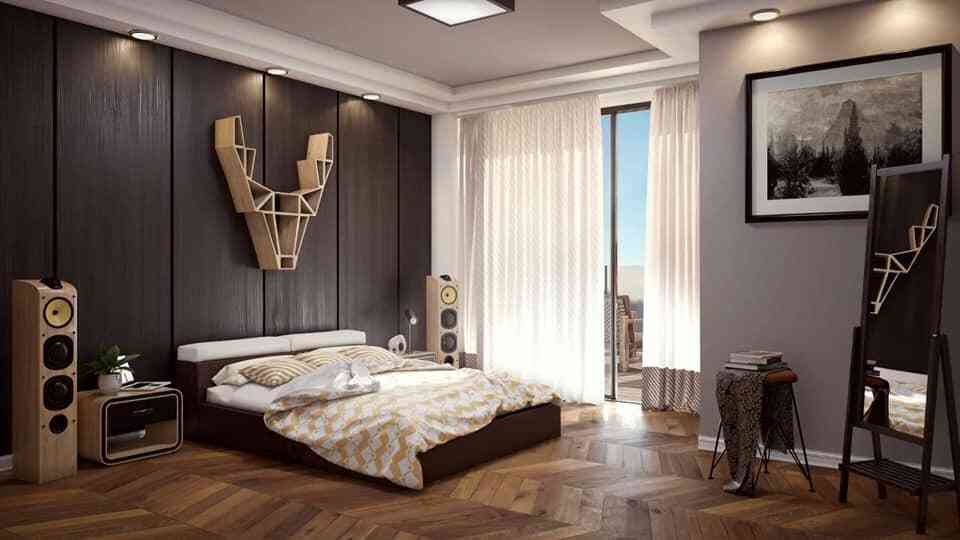 Modern Master Bedroom Design With Black Damask Wallpaper