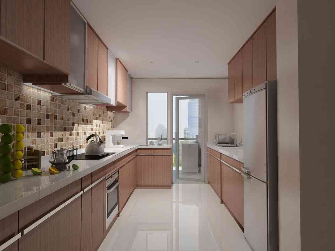 Modern U-Shape Modular Kitchen Design With Light Beige Cabinets And Gallery