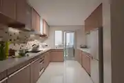 Modern U-Shape Modular Kitchen Design With Light Beige Cabinets And Gallery