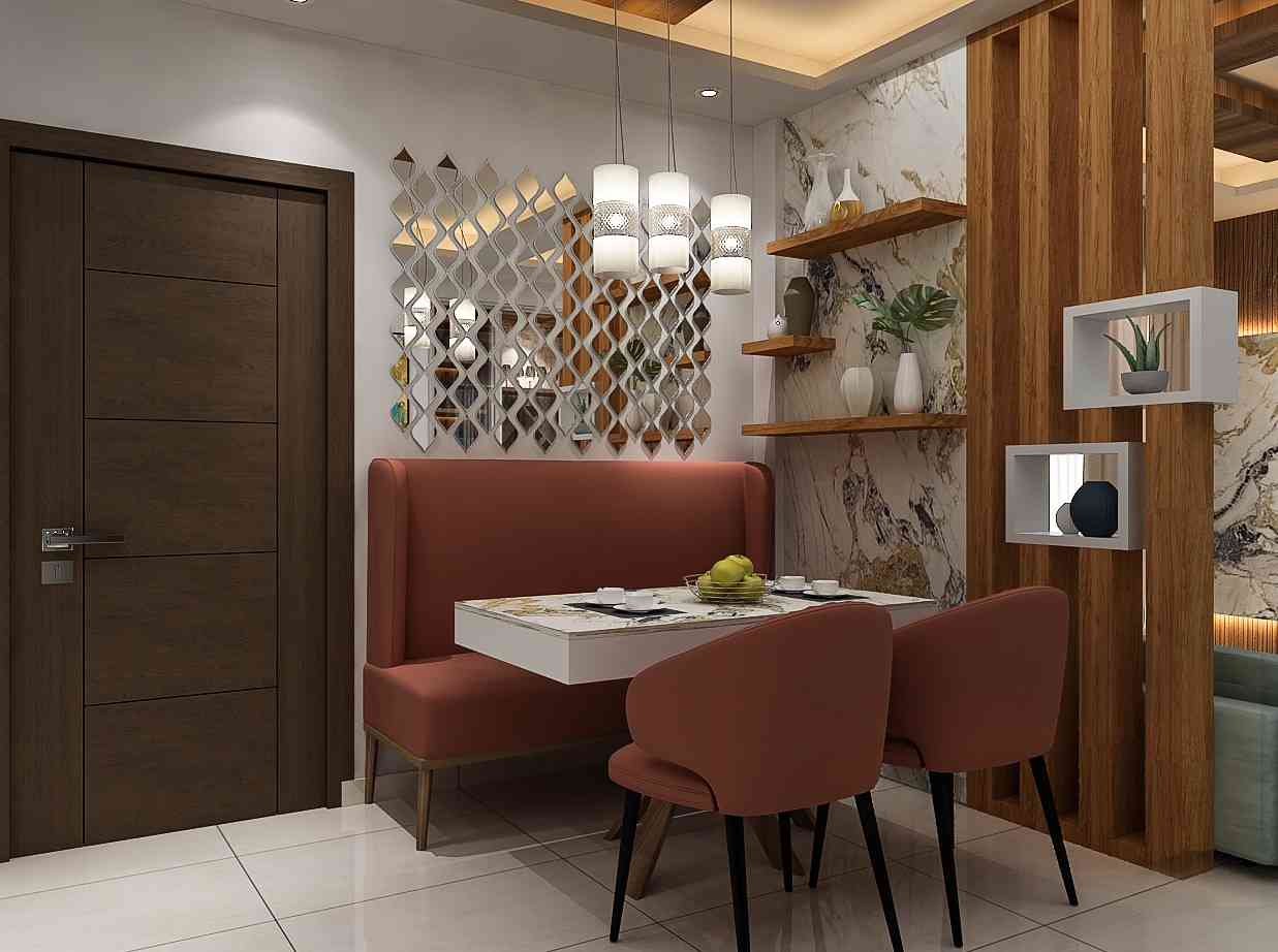 Contemporary Dining Room Area Design With CNC Jali Pattern Partition Wall