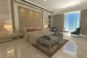 Modern Master Bedroom Design With Sofa Set And Off-White Interiors