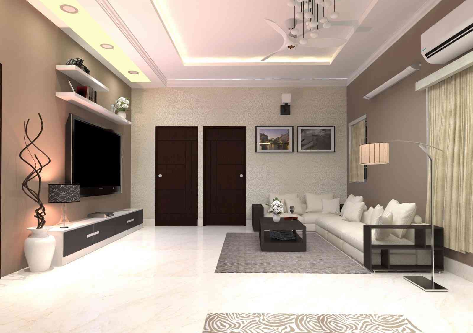 Modern Living Room Design With Ambient Ceiling And Colour Theme