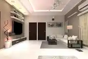 Modern Living Room Design With Ambient Ceiling And Colour Theme