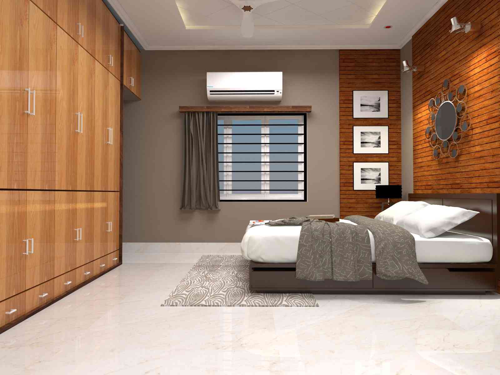 Contemporary Master Bedroom Design With Grey And Wooden Wardrobe