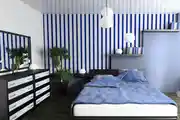 Modern Master Bedroom Design With Blue Striped Wall