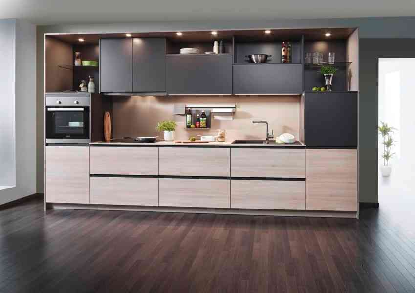 Contemporary Modular Kitchen Design With Light Pink And Dark Black Cabinets