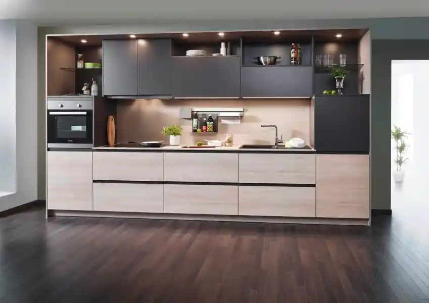 Contemporary Modular Kitchen Design With Light Pink And Dark Black ...