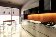 Modern L-Shape Modular Kitchen Design With Dark Black Base and Tall Units