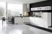 Black And White Modular Kitchen Design With Dining Table And Chair