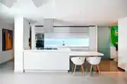 Contemporary  White Modular Island Kitchen Design With White Bar Stools