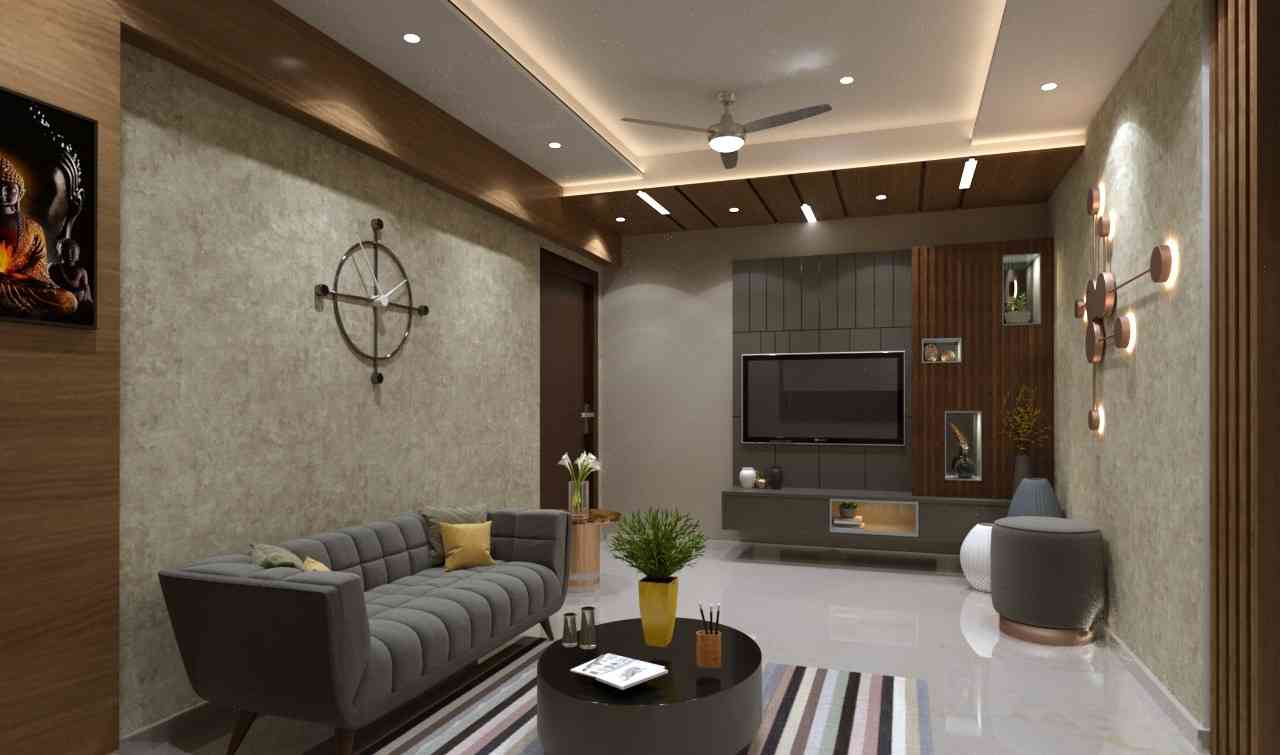 Modern Themed Living Room Design With Grey Sectional Sofa
