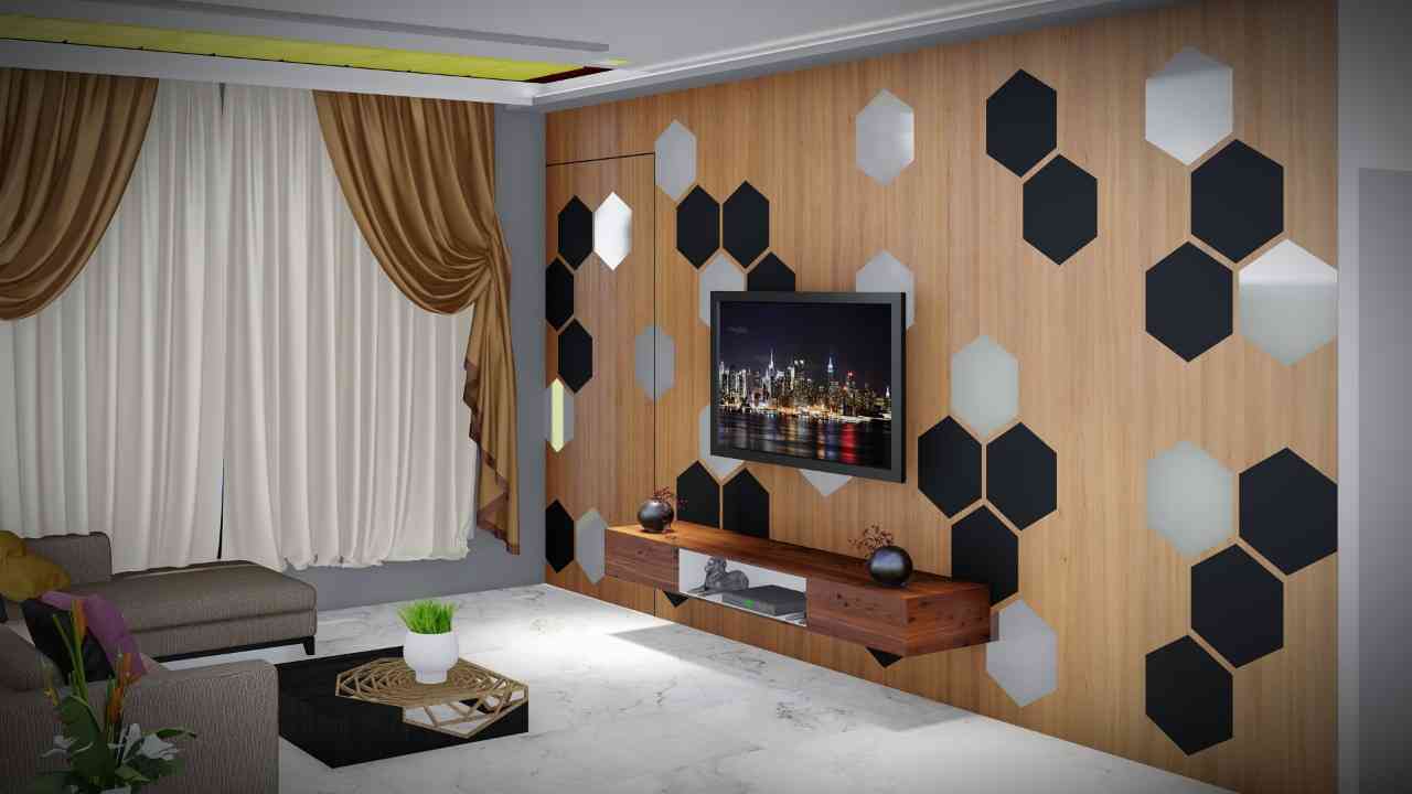 Modern Livining Room Design With Geometrical Shape Wall Design