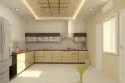 Peach Color Modular Kitchen With Pop False Ceiling Light