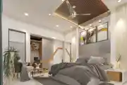 Elegant Contemporary Bedroom with Warm Lighting & Modern Accents