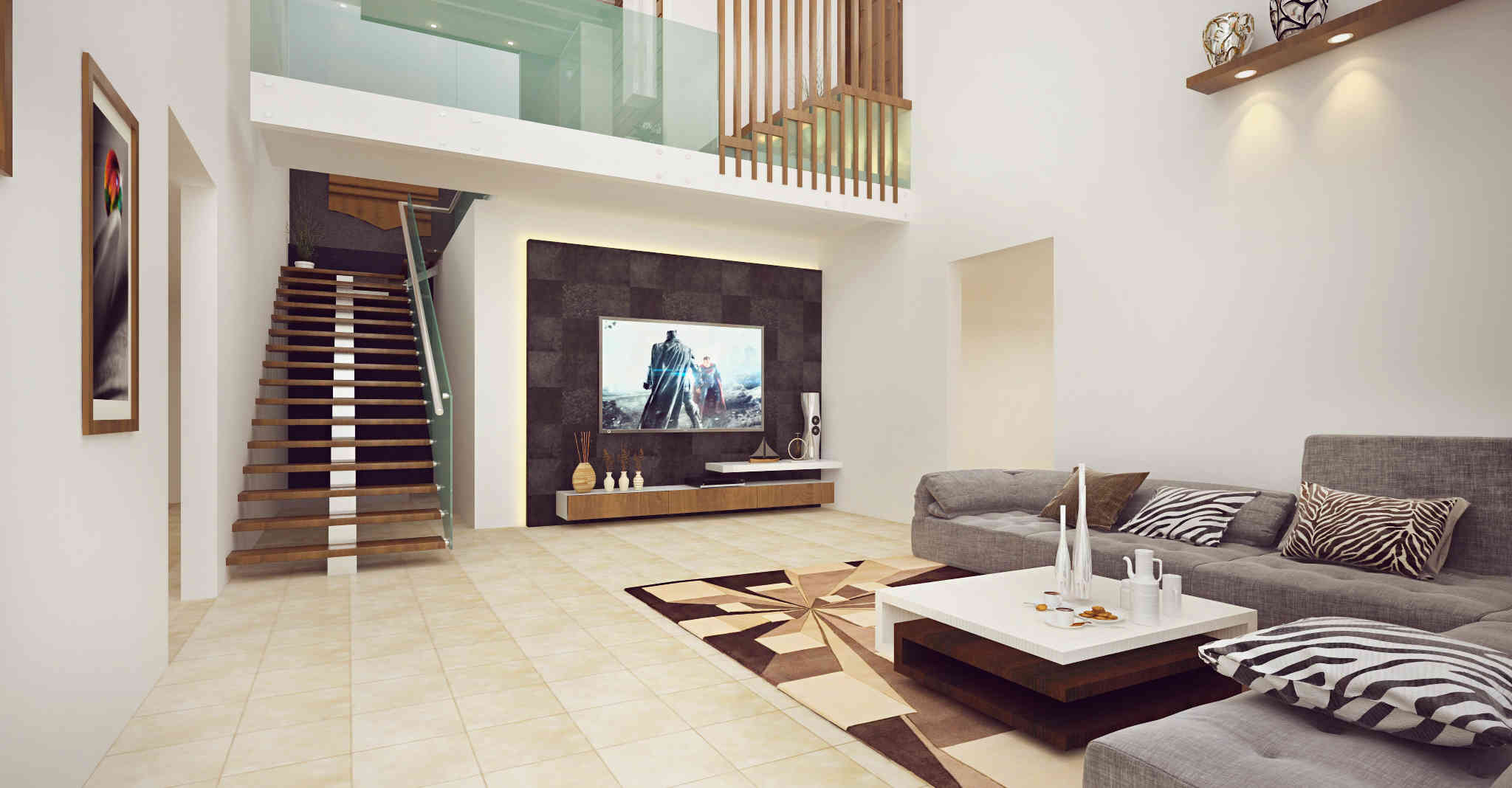 Modern Living Room With Double Height Ceiling Light