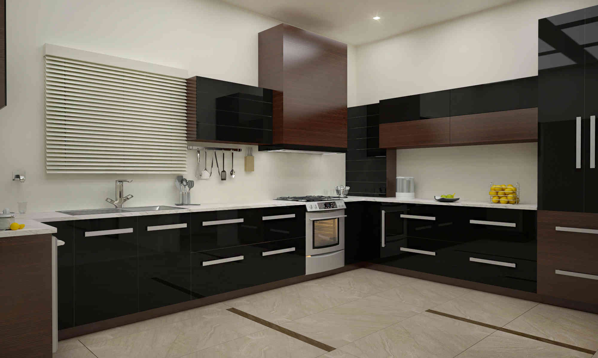 Contemporary Dark Black And Brown Modular Open Kitchen Design