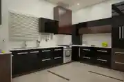 Contemporary Dark Black And Brown Modular Open Kitchen Design