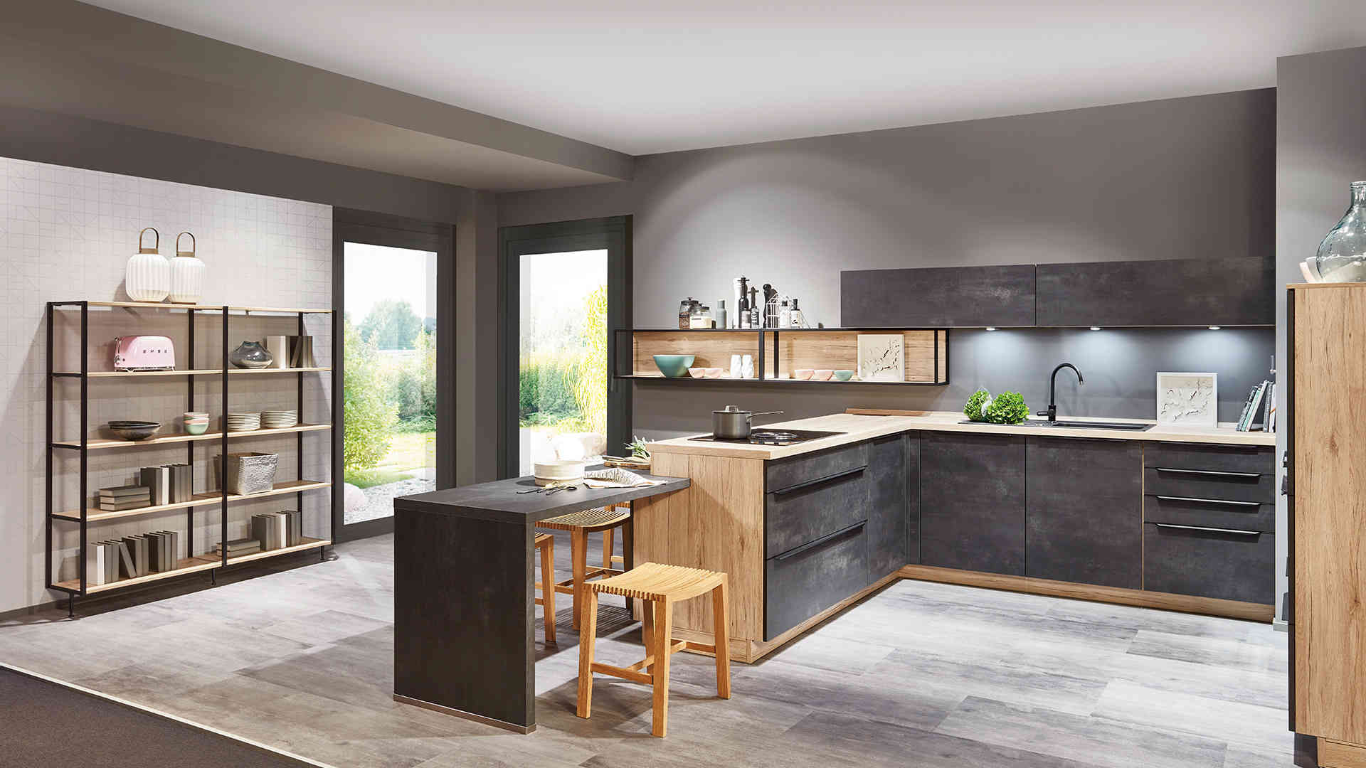 Black Matte And White L-Shaped Kitchen Design With Wooden Storage Units