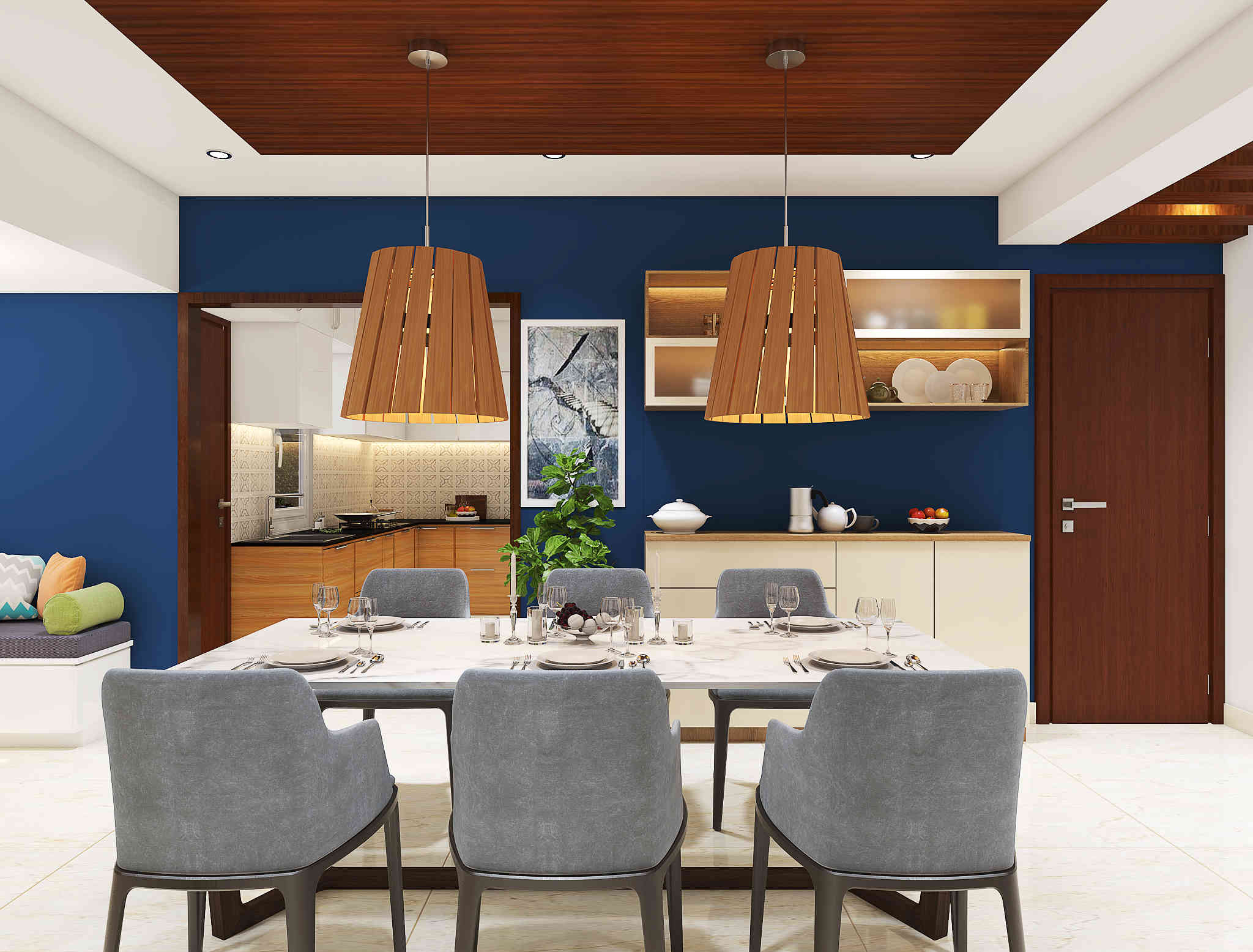 Luxurious 6-Seater Dining Room Design With Drop Lights