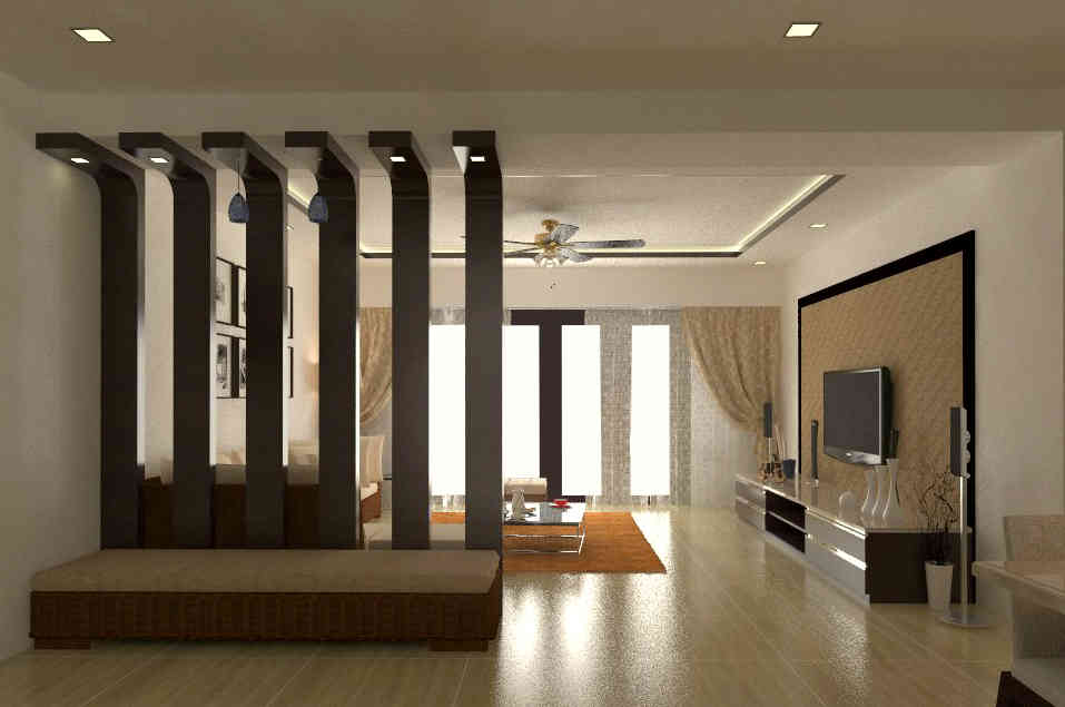 foyer partition design with a bench in front