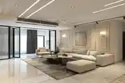 A Refined Living Room Design Featuring Soft Neutrals With Modern Lighting