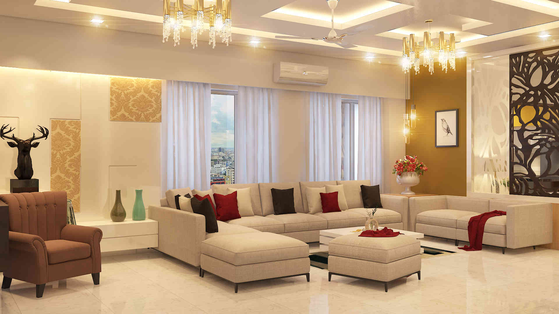 Contemporary Living Room Design With Turquoise U-Shaped Sofa Set And Lights