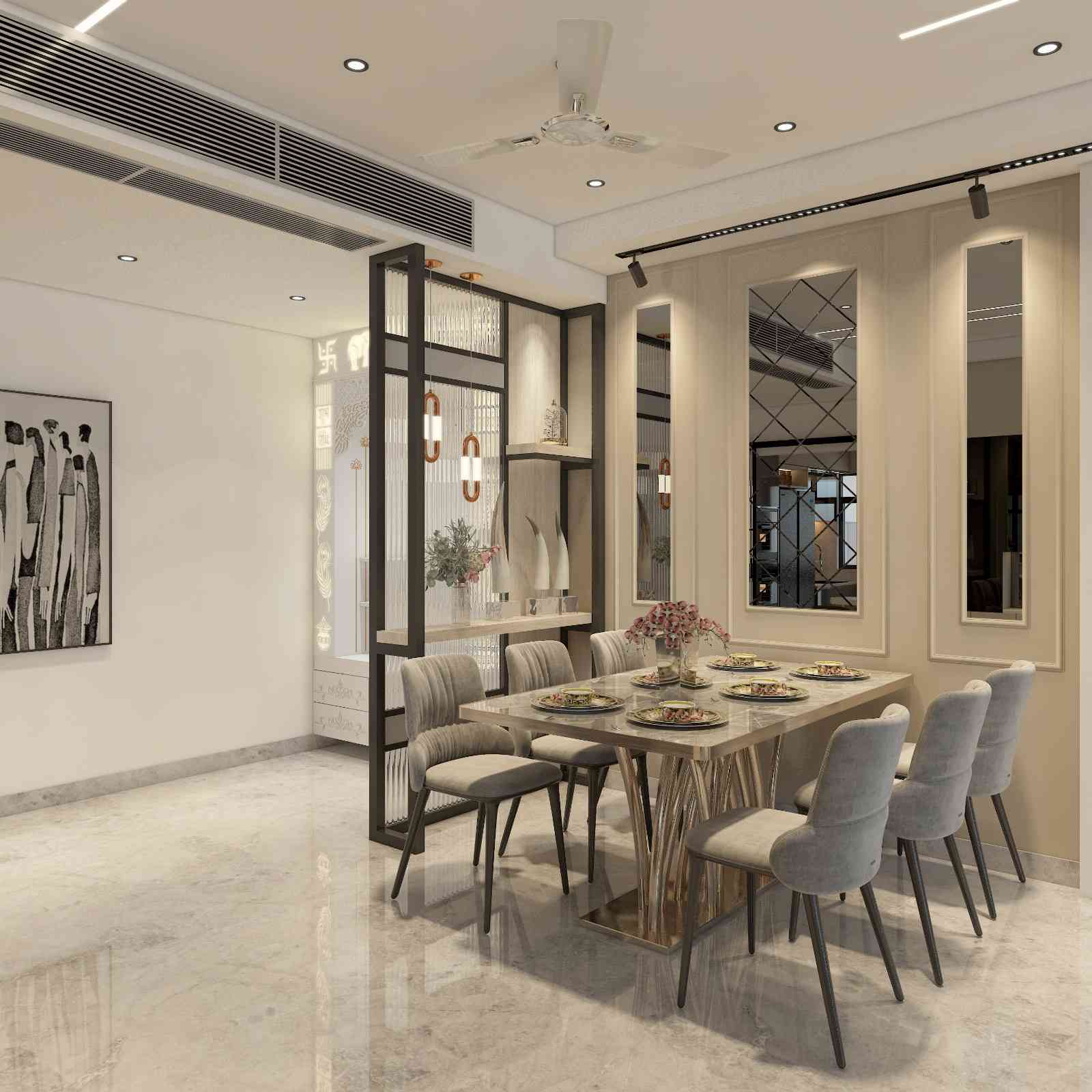 Elegant Contemporary Dining Room With A Sophisticated Marble-Top Table