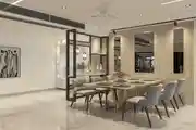 Elegant Contemporary Dining Room With A Sophisticated Marble-Top Table