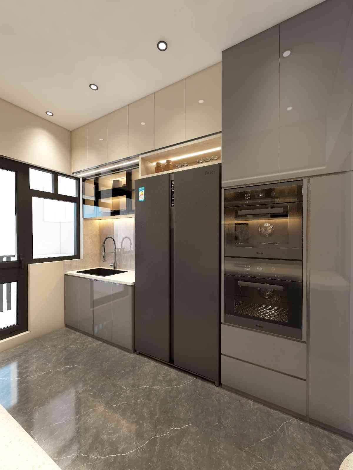 Modern Minimalist Kitchen Design With Sleek Grey And Beige Cabinetry