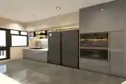Modern Minimalist Kitchen Design With Sleek Grey And Beige Cabinetry