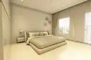 Comfy Bedroom Interior With Ornamental Beige Accent Wall And Mirrors