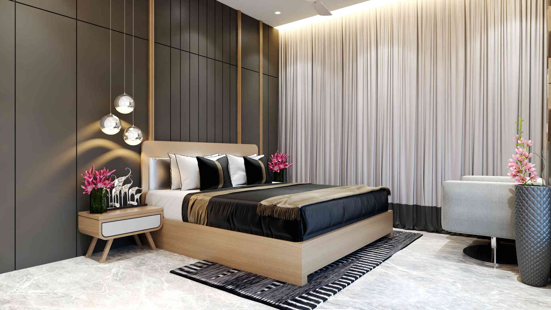 Luxury Grey Master Bedroom Design With Side Table
