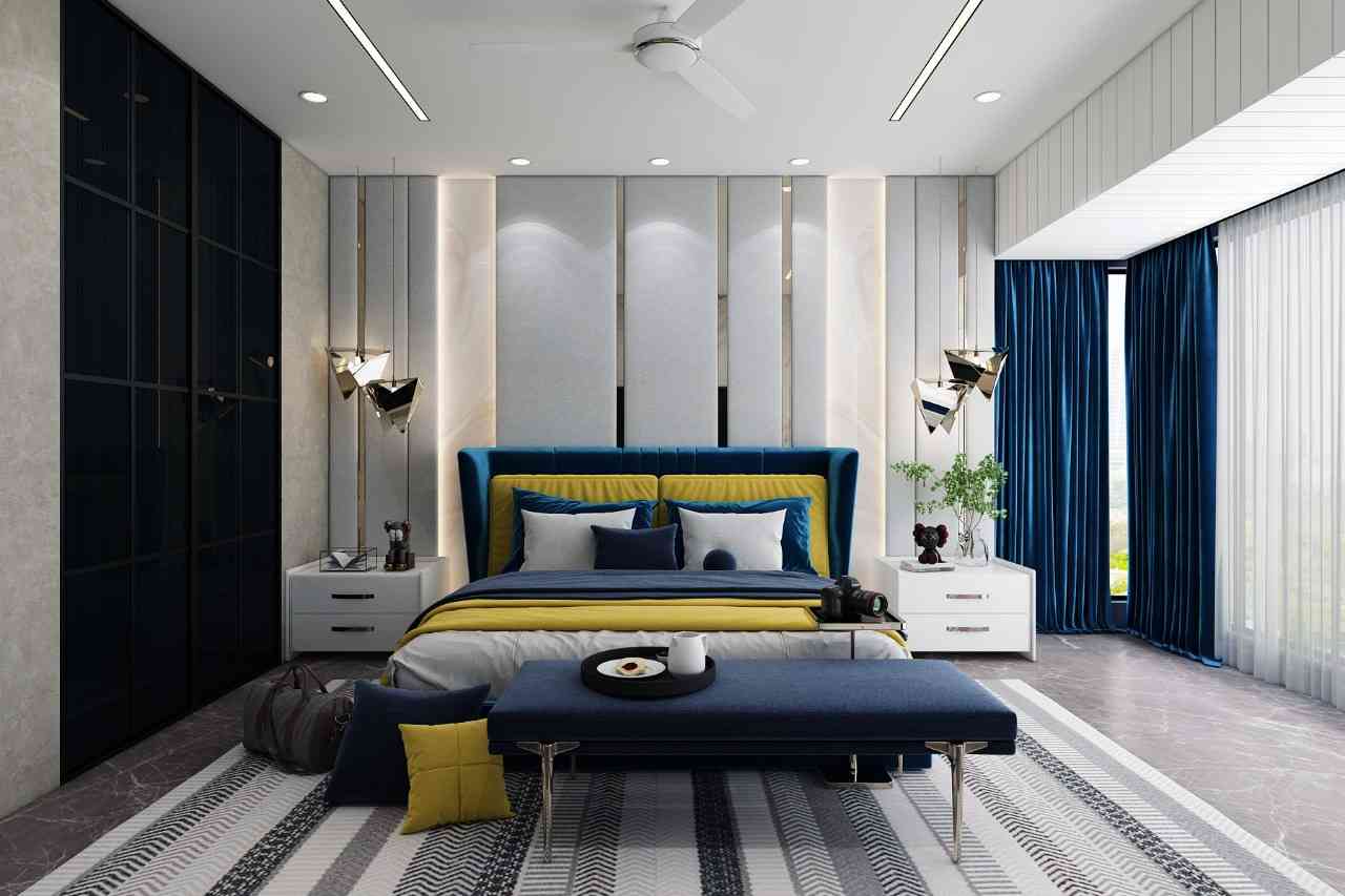 Bold & Stylish Bedroom with Velvet Headboard and Designer Lighting