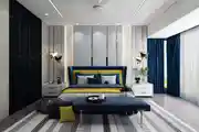 Bold & Stylish Bedroom with Velvet Headboard and Designer Lighting
