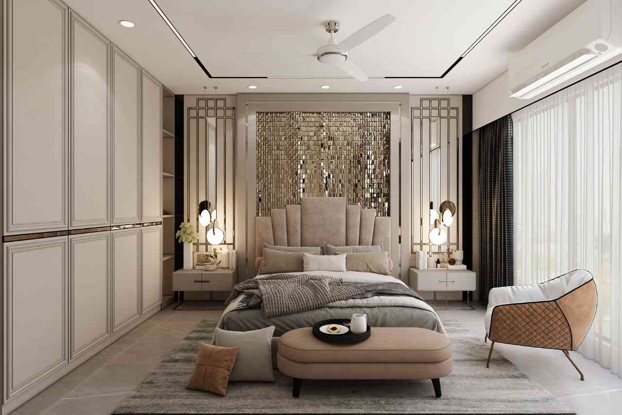Luxury Beige Bedroom Design with Statement Headboard and Metallic Accents