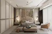 Luxury Beige Bedroom Design with Statement Headboard and Metallic Accents