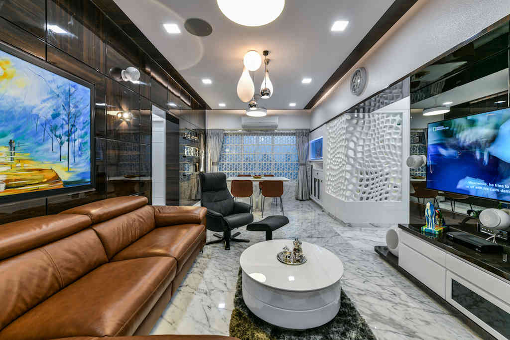 Stylish Contemporary Living Room Design with Artistic Wall Decor and LED Lighting