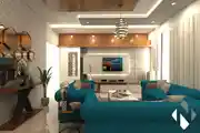 Luxurious Living Room View With U-Shaped Blue Sofa