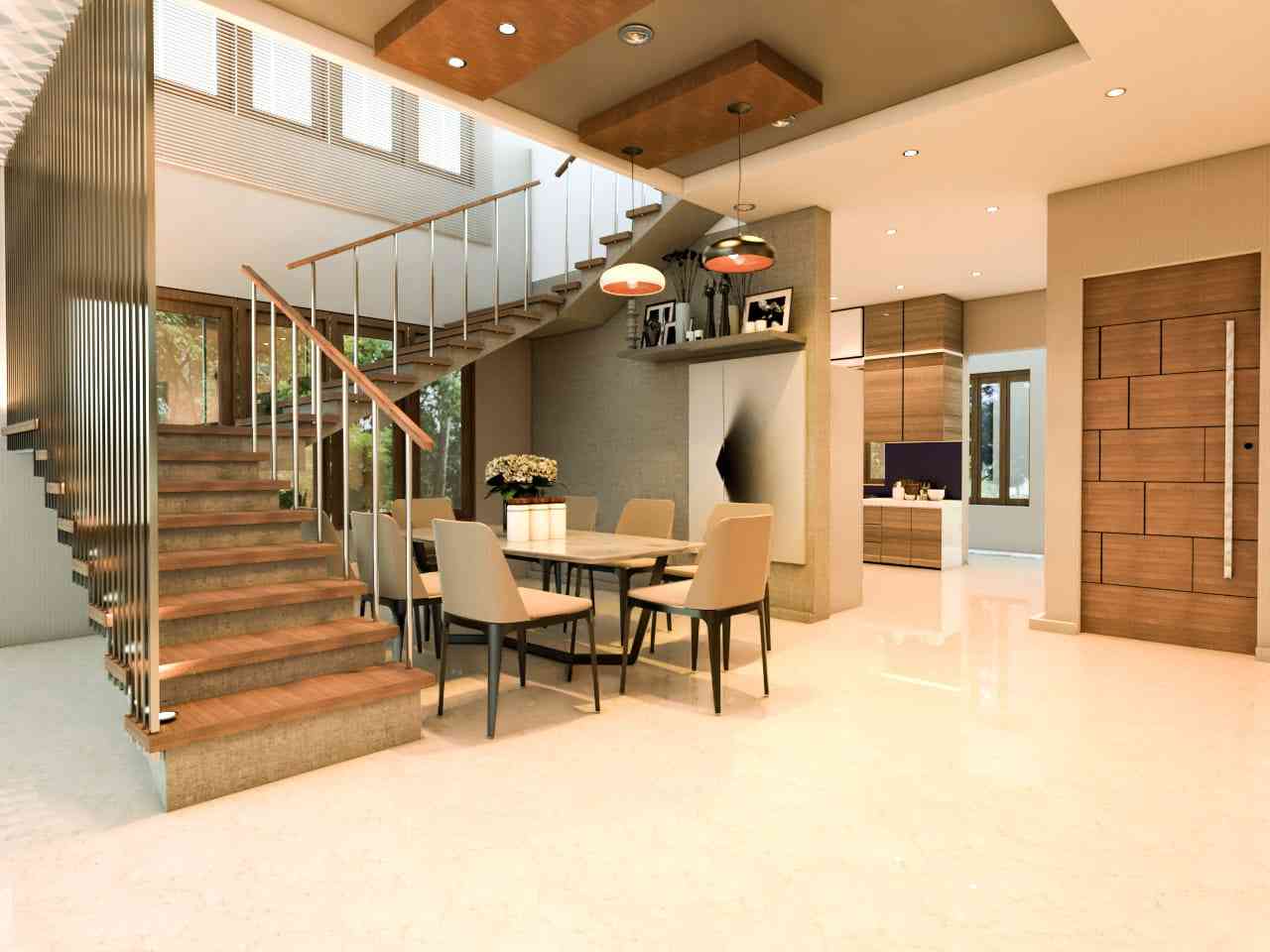 Modern Dining Room With In Stylish Staircase
