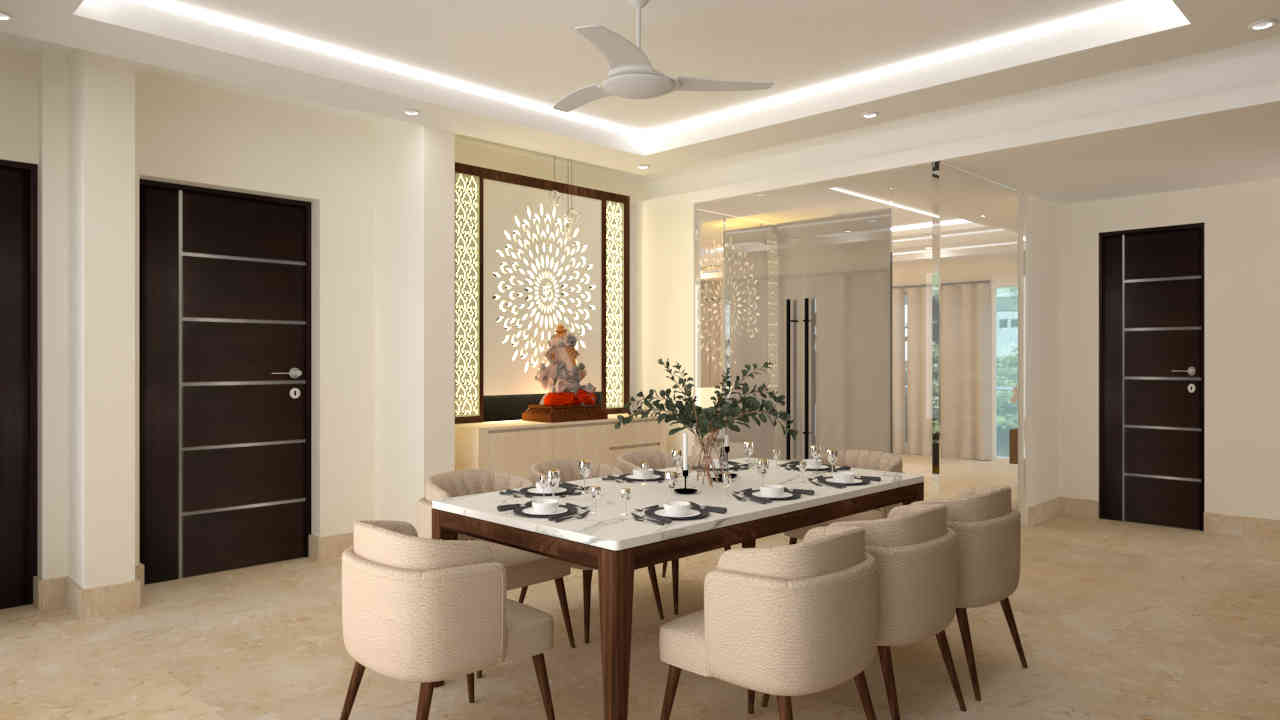 Minimalistic 8-Seater Wooden Dining Room Design With Beige Chairs And Ornamental Drop Light